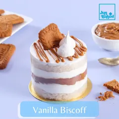 My Vanilla Biscoff mini dessert has layers of light vanilla sponge, creamy Biscoff mousse, and is topped with a crunchy Lotus Biscoff biscuit.