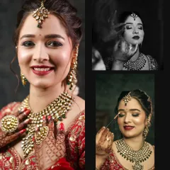 A sample album layout for a bridal getting-ready session, combining a stunning main portrait with smaller photos of the makeup process.