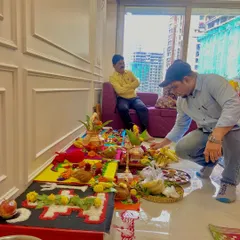 Me, Santosh Nile, personally overseeing the puja arrangements. It is important for me to ensure that every ritual is performed correctly to bring maximum benefit to the homeowners.