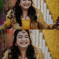 The pure, uncontainable joy of a Haldi ceremony. This candid shot captures the bride's infectious laughter, a moment of genuine happiness surrounded by the vibrant colors and traditions of the celebration.