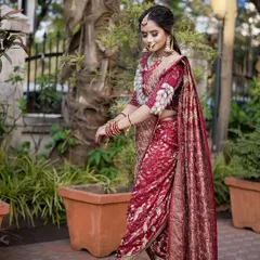 A full view of the regal Navari saree drape. My team and I ensure the draping is perfect, allowing the bride to move with grace and confidence. The makeup is designed to balance the grandeur of the entire ensemble.