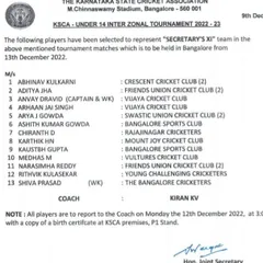 More success stories. Another official list from the KSCA showing our academy players selected to represent the Secretary's XI team in the U14 tournament.