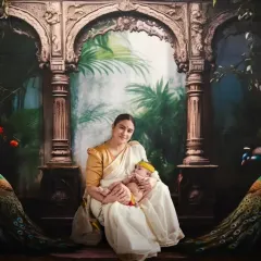 This portrait of Priya Malik celebrating Janmashtami with her newborn became an iconic image, and it holds a special place in my heart. It shows how we can create something truly magical and artistic, turning a photoshoot into a piece of fine art that tells a divine story.