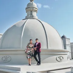 An editorial shot of Farhan and Shibani Akhtar for Travel + Leisure at Raffles Udaipur. The styling here was about complementing the grand architecture with equally elegant outfits.