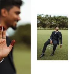 A creative detail shot showing the groom's hand with his bride's name, Fazilah, written in henna. It's a unique and personal touch that adds another layer to their love story.