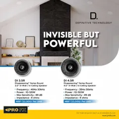 The Definitive Technology DI "Disappearing" Series is powerful yet invisible. These in-wall and in-ceiling speakers, like the DI 3.5R and DI 4.5R, deliver a full, rich audio experience from a virtually invisible source, thanks to their patented driver technology.