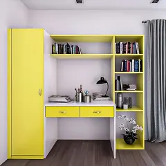 A compact and vibrant study unit in bright yellow and white. This design integrates a desk, bookshelf, and a slim wardrobe, making it a perfect all-in-one solution for a student's room.