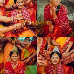 A collage of four vibrant moments from a Bengali 'Gaye Holud' ceremony, capturing the rituals and the bride's radiant smiles.