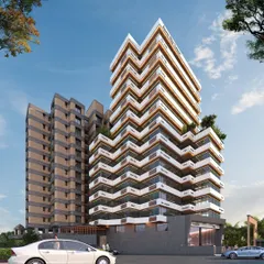 This is a 3D render of the AURA Sky Tower, a 12-story commercial building we designed in Nashik. The facade's unique zigzag pattern creates dynamic visual interest while maximizing light and views for the office spaces within.