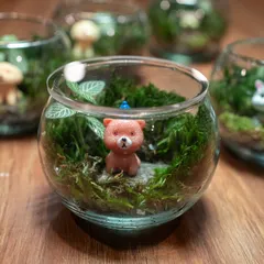 This little bear wearing a party hat is ready to celebrate. I can add custom figurines like this to any terrarium to make it a perfect gift for a birthday or special occasion.