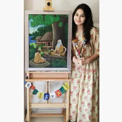 Here I am with a recently completed 24 x 18 inch commission depicting a Guru and his disciple. I love how the natural sunlight brings out the vibrant greens in this oil painting.