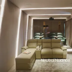 This wide view of our Noida project highlights the multi-level seating arrangement, with a chaise lounge sofa in the front row and tiered recliners behind. The clean lines of the integrated LED lighting accentuate the room's modern architecture and create a captivating environment.