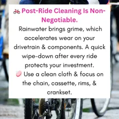 Post-ride cleaning is non-negotiable during the monsoon. Rainwater and grime accelerate wear on your drivetrain, so a quick wipe-down protects your investment.