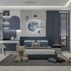 A celestial-themed kids' room designed in shades of blue and grey. The focal point is a large moon-shaped light, creating a dreamy atmosphere for a young child.