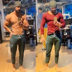A side by side comparison showing the difference between a relaxed state and a fully conditioned, lean physique. This demonstrates how I manipulate my diet and training to get ready for a peak condition.