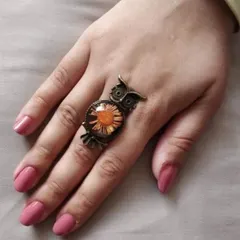 This good luck owl ring features a preserved orange flower. The antique bronze finish gives it a unique, vintage look, and I can customize the flower color for you.