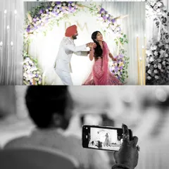 A creative black and white shot capturing a guest recording the couple's first dance. It tells a story within a story, highlighting the joy shared by everyone.