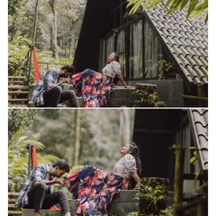 A playful and romantic moment captured at a resort, showcasing a couple's chemistry in a natural, relaxed setting.