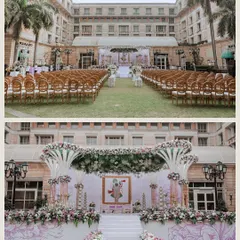 The breathtaking outdoor wedding setup at ITC Maratha, showcasing the elegant mandap and guest seating.