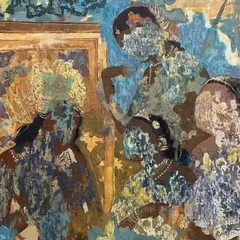 A detail from the "Ajanta" painting, showing the fragmented figures of dancers. I used a palette knife and mixed media to evoke the feeling of a weathered, ancient fresco.