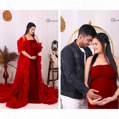 A collage showcasing two looks from a studio session. On the left, a glamorous solo shot in a red ruffled gown, and on the right, an intimate couple's portrait.