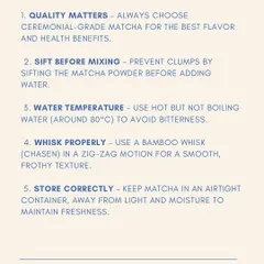 We provide practical tips for a perfect cup of matcha, from using the right water temperature to sifting the powder to prevent clumps.
