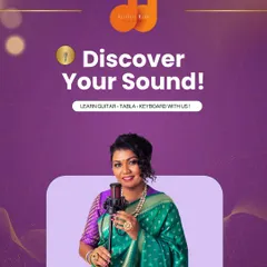 Discover your sound with us. This graphic introduces our three main instrumental courses: Guitar, Tabla, and Keyboard. We help you find the instrument that connects with you and guide you on your path to mastering it.