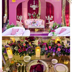 Our decor extends to every detail, from the main stage to the guest tables. This image pairs a vibrant pink stage setup with a close-up of an exquisitely arranged table, featuring floral centerpieces and elegant place settings that tie the whole theme together.