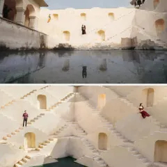 The stunning architecture of Jaipur's stepwells provides a unique and graphic backdrop for this pre-wedding shoot, showcasing the beauty of a destination shoot in Rajasthan.