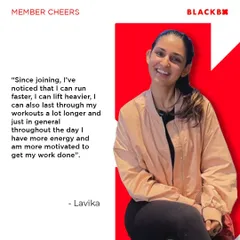 Member cheers for Lavika! She's noticed she can run faster, lift heavier, and has more energy throughout the day since joining.