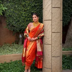 A full-length view of the meticulously draped Navari saree. The makeup is kept fresh and radiant to balance the richness of the traditional attire and heavy gold jewellery.