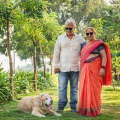 A senior dog shoot is a way to honor the joy your pet has brought into your life. Here, Kumo the Labrador poses proudly with his grandparents. These sessions focus on capturing the unique relationship your dog shares with each family member.