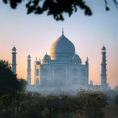 The Taj Mahal seen through a frame of morning mist and trees. This photo captures a soft, ethereal mood, different from the usual bright and sunny shots of the monument.