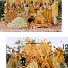 The peak of Haldi fun. This collage shows the couple seated amidst a beautiful marigold decor before and after being showered with flowers and turmeric by their loved ones. It’s a moment of pure, unadulterated joy.