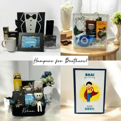 A collage showcasing my diverse range of Rakshabandhan hampers for brothers. From fun and quirky to sophisticated and personalized, I have a gift to match every brother's personality.