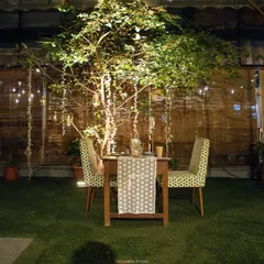 A simple yet stunningly romantic dinner-for-two setup under a tree adorned with hanging lights. It's the perfect private setting for an anniversary or proposal.