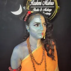A full-face view of the creative Mahashivratri makeup, balancing the fierce and gentle aspects of the deity.