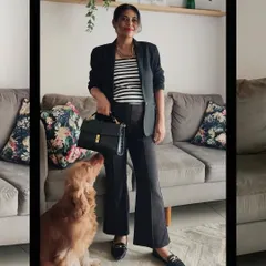A peek into my real life. Juggling work and life, even my dog approves of this comfortable and professional maternity look.