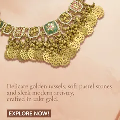 A closer view of the delicate golden tassels and sleek modern artistry. This piece combines soft pastel stones with traditional motifs, perfect for the modern bride.