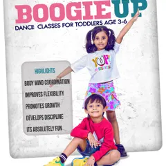Our 'Boogie Up' classes are where the youngest dancers, from 3 to 6 years old, begin their journey. This poster highlights the fun and foundational skills like coordination and flexibility that we build through playful sessions.