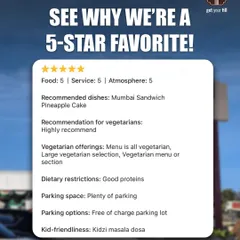 This review highly recommends us for vegetarians, noting our large vegetarian selection and specific kid-friendly dishes like the "Kidzi masala dosa."