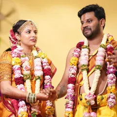 Bride Yashwini and her groom Bhargav. I always aim for a bridal look that feels authentic and allows the bride's happiness to shine through, creating a beautiful memory for the couple.