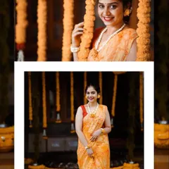 A collage showing a bride enjoying her Haldi ceremony, with a backdrop of hanging marigold strings and traditional pots.