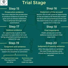 The trial stage is where the core of the legal battle happens. This section outlines the key steps, including the presentation of prosecution and defense evidence, final arguments, and the judgment.