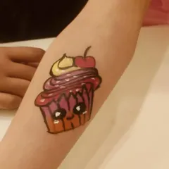 A cute cupcake tattoo, another popular choice among the kids. We have a wide portfolio of designs for them to choose from.