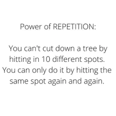 The power of repetition is real. You can't cut down a tree by hitting it in ten different spots. You can only do it by hitting the same spot again and again. Doing the same thing consistently is more effective than doing a lot of different things.