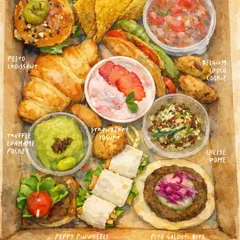 This beautiful illustration showcases all the delicious components you can find in my gourmet food boxes, from the mini slider and pesto croissant to the peppy pinwheels and Belgium choco cookie. It captures the variety and care I put into every box.