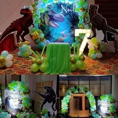 A three-part view of a dinosaur-themed 7th birthday party. The setup includes a main backdrop with a T-Rex, a welcome entrance with a balloon arch, and large dinosaur cutouts, creating a prehistoric adventure for the kids.
