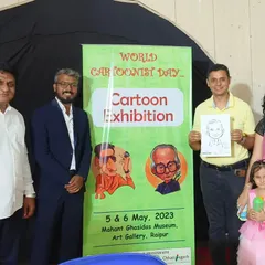 A group photo from the Cartoon Exhibition organized for World Cartoonist Day in Raipur. It was a fantastic two-day event filled with workshops and art, and it was great to stand alongside esteemed guests and fellow artists.