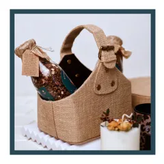 This rustic jute basket holds a bottle of my homemade granola, a perfect example of my 'Blessings by Bombay Hampers' wellness collection.